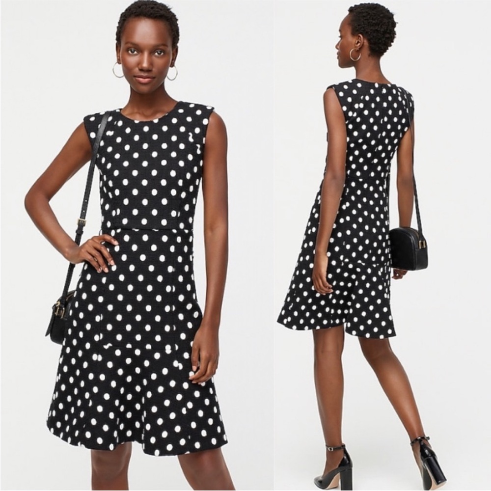 J. Crew Marcy Tweed Polka Dot Sleeveless A-Line Dress Preppy Black 2